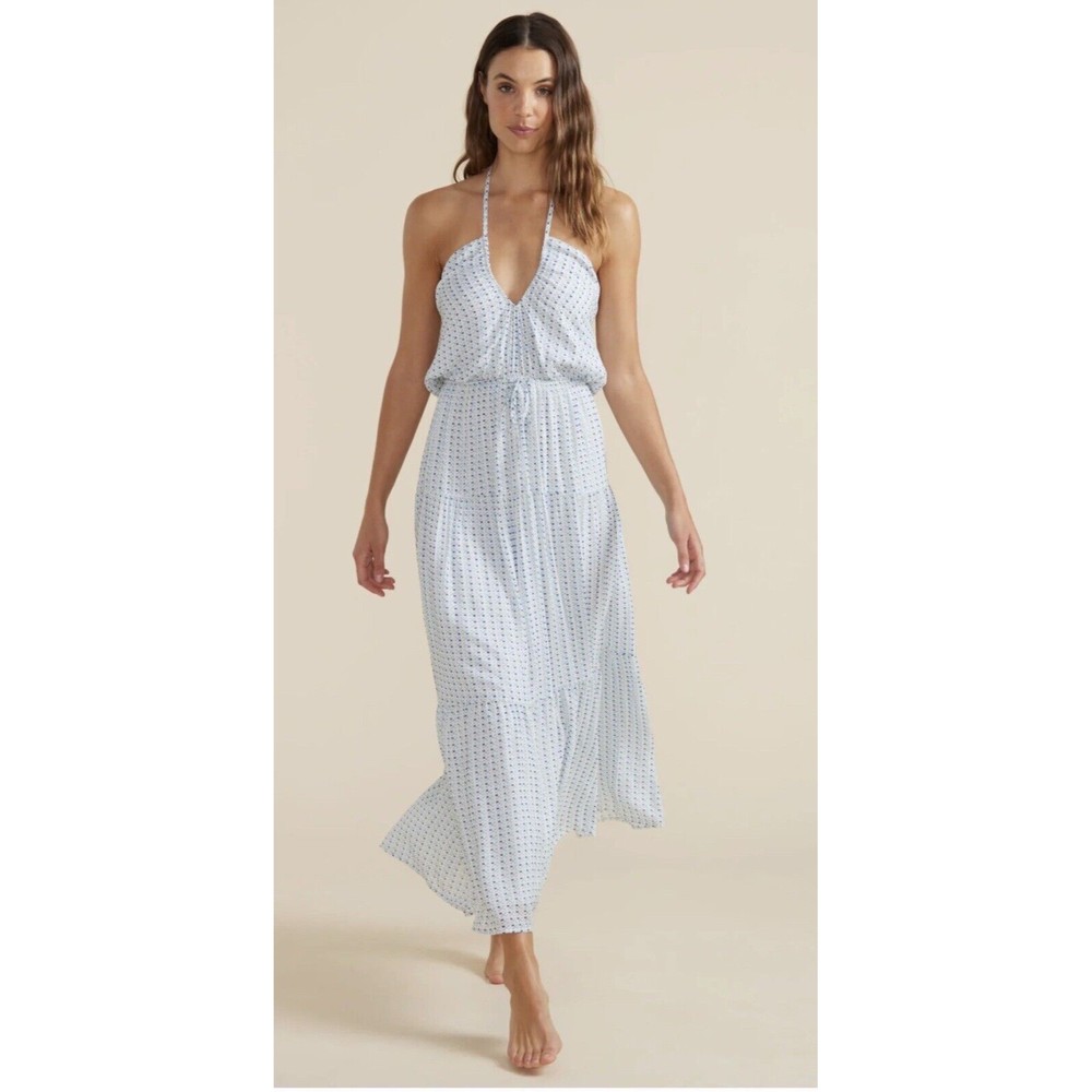 Mink Pink Women Blue Ivory Check Midi Preppy Halter Sundress Size X-Small